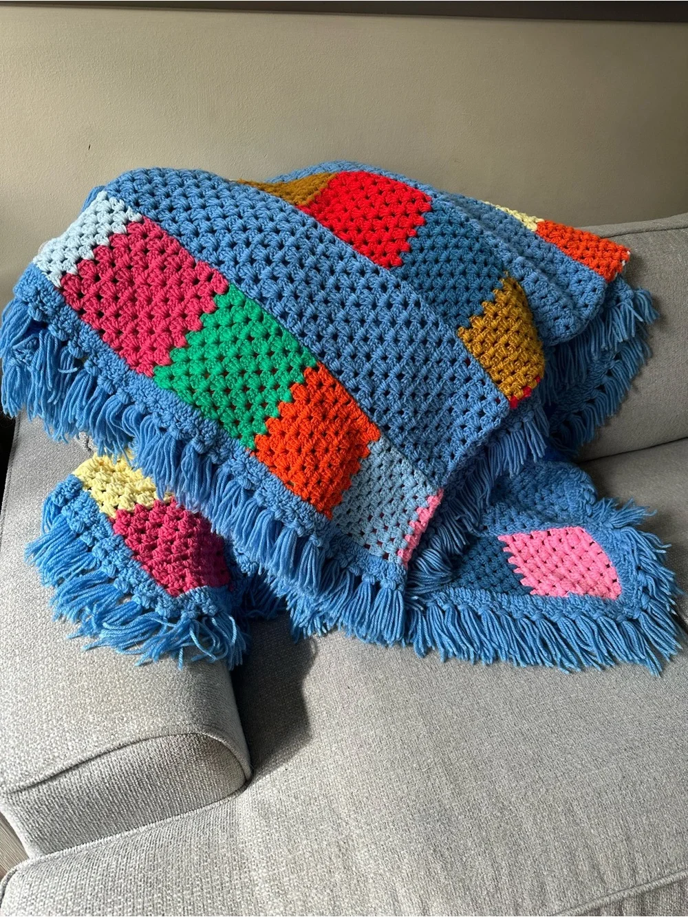 Large Blue Multi-color crochet knit Blanket Throw with Fringe full/queen